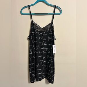 Black Lace-Trim Satin Chemise with Script Print